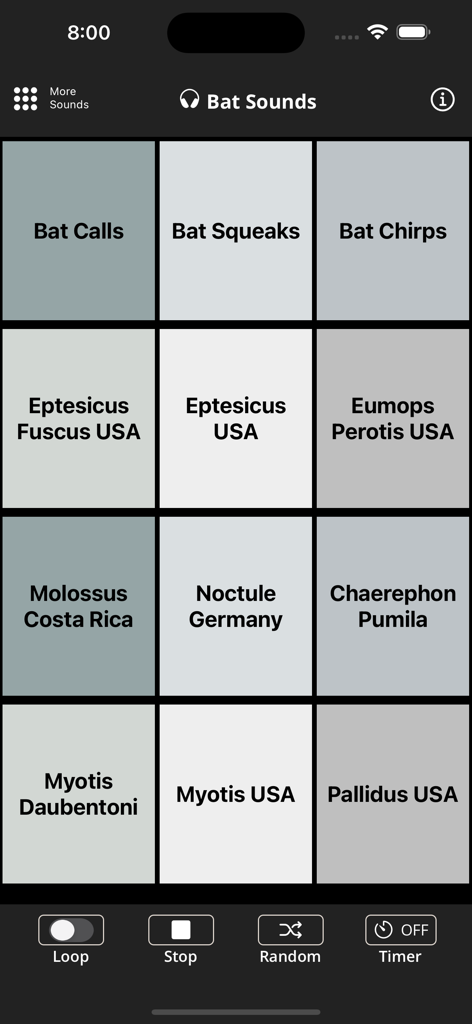 Bat Sounds - Bat Soundsアプリのインターフェース。さまざまな種類のコウモリのオーディオクリップとサウンドコントロールのグリッドが表示されています。