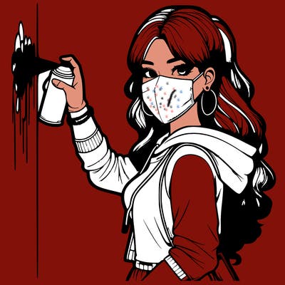 realistic girl with mask spray painting a wall