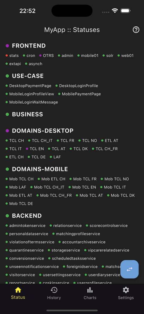 Real time system health monitoring dashboard showing status indicators for frontend and backend services