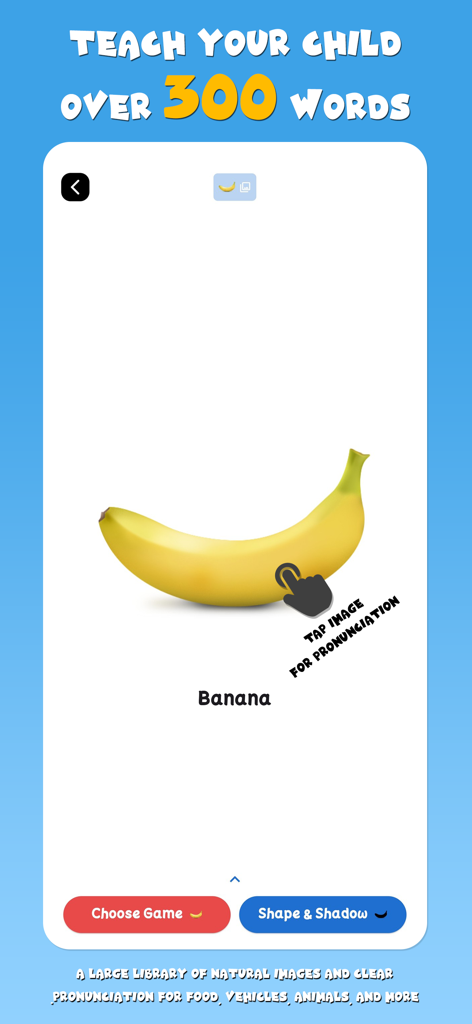 My Words kids speech therapy app showing a banana with tap for pronunciation feature