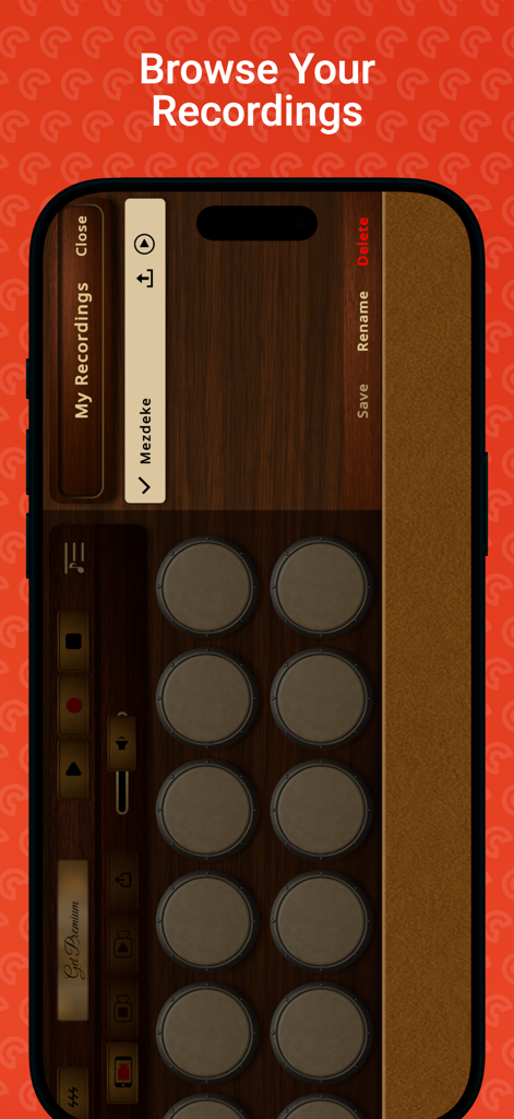 Darbuka - A mobile interface for the Darbuka app showing a list of saved percussion recordings with options to save rename and delete.