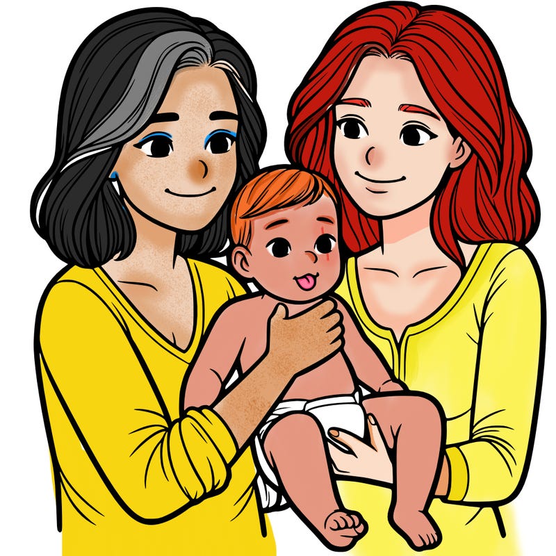 two realistic women holding one baby together