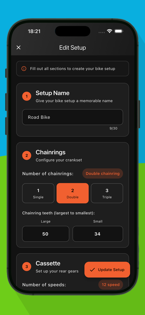 Interface of the Cycle Gear Track app showing the edit setup screen for bike chainring and cassette configuration