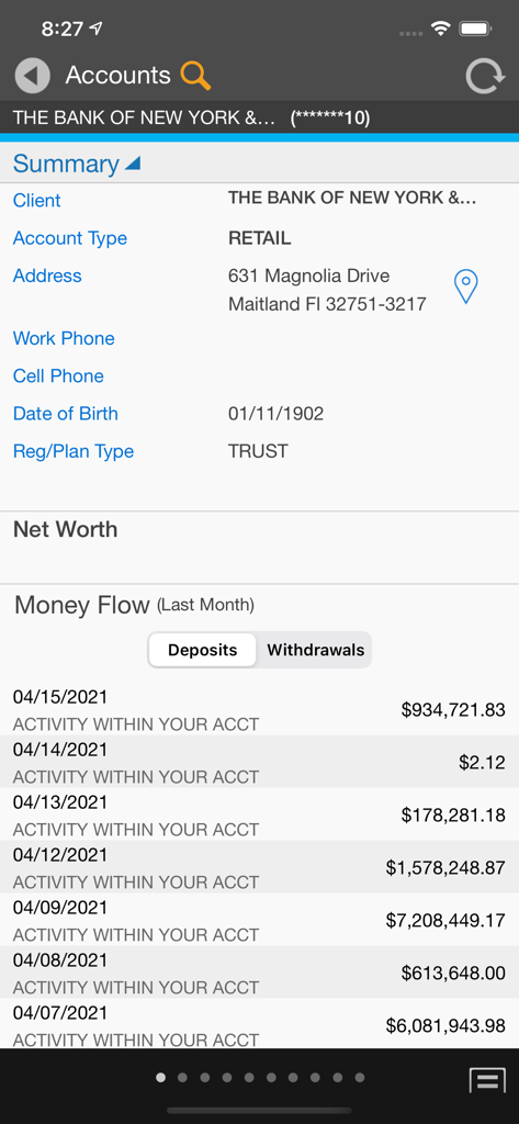 NetX360 Mobile dashboard showing client account summary and monthly money flow deposits
