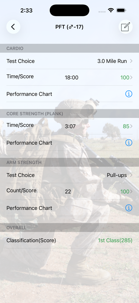 Fitness Calc for Marines - Interface of the Marine Corps Physical Fitness Test calculator showing cardio, core strength, and arm strength scores with a final 1st class classification.