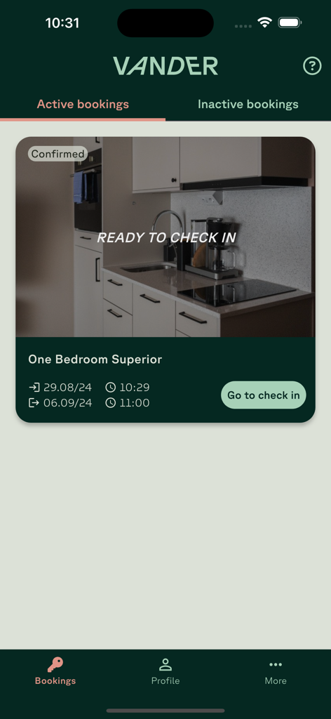Vander app screen showing a confirmed active booking for a one bedroom superior apartment with a ready to check in button