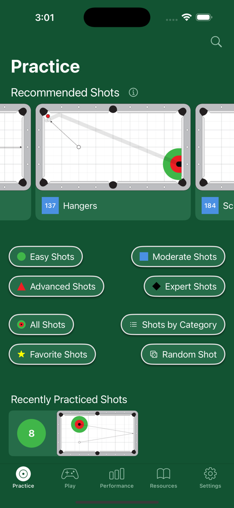 Bullseye Billiards app practice menu displaying pool shot diagrams and difficulty level filters