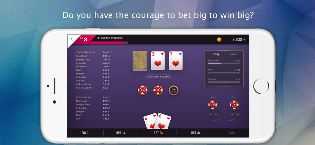 미시시피 스터드 프리미엄 모바일 앱 게임 플레이 화면, 포커 핸드 베팅 옵션 및 지급 테이블 표시