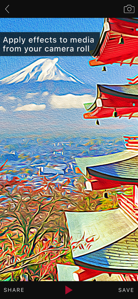 Visionn - Visionn app interface showing an artistic painterly filter applied to a photo of a Japanese pagoda and Mount Fuji
