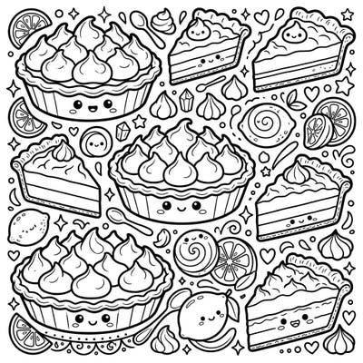 Dive into a world of sugary cuteness with this Kawaii Lemon Meringue Pie coloring page, featuring charming desserts with happy faces. It's a delightful treat for anyone who loves sweet treats and adorable art.