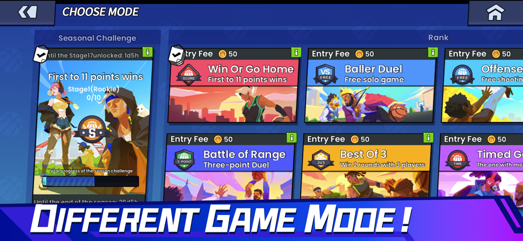 Basketball Duel: Online 1V1 - 다양한 경쟁 챌린지를 보여주는 Basketball Duel Online 게임 모드 선택 화면