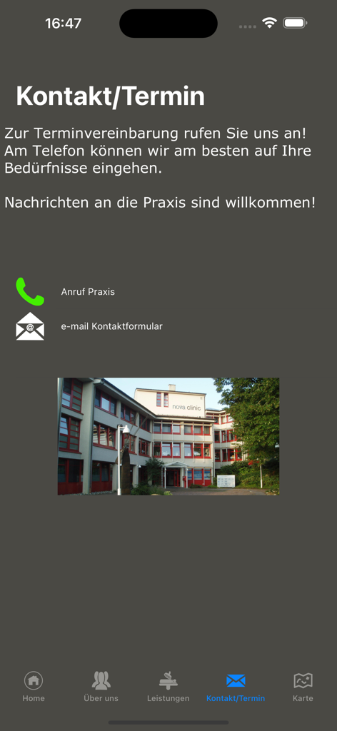 Página de contato e agendamento do aplicativo Neurosurgery BC com opções de contato por telefone e e-mail.