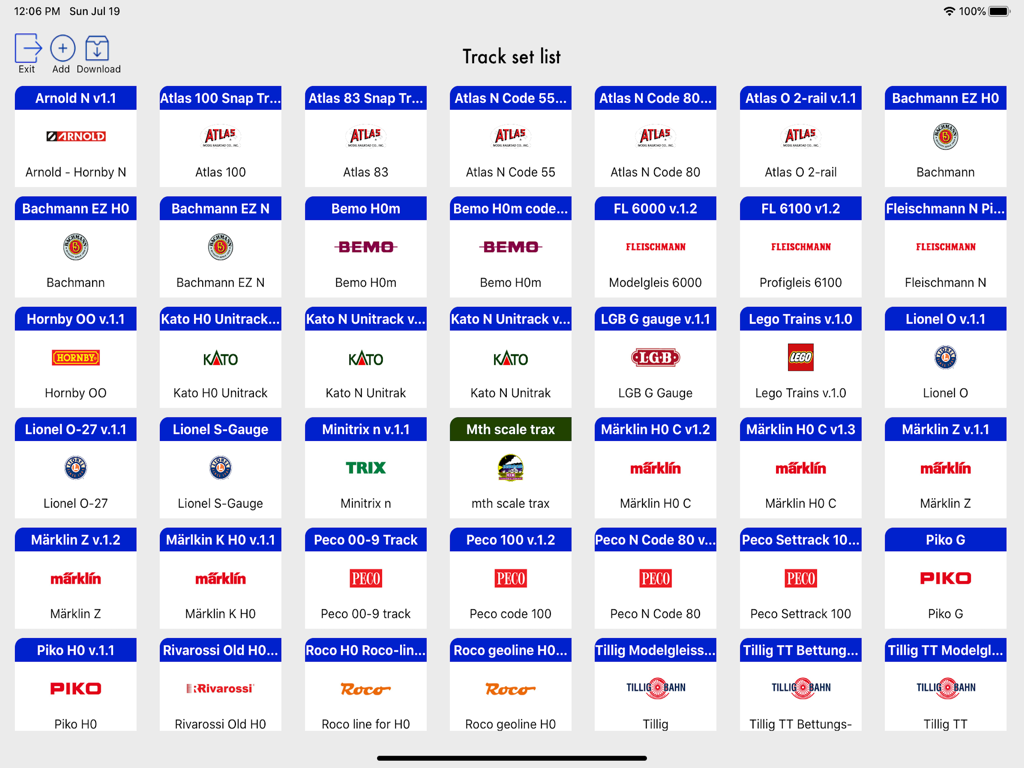 TrainDesign - Track set selection screen in the TrainDesign app showing various model railroad brands for layout planning