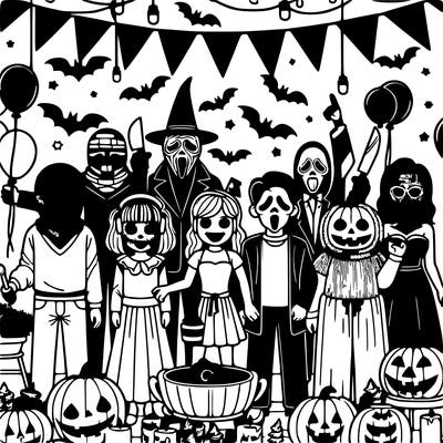 halloween party with horror movie costumes and party decorations and pumpkins