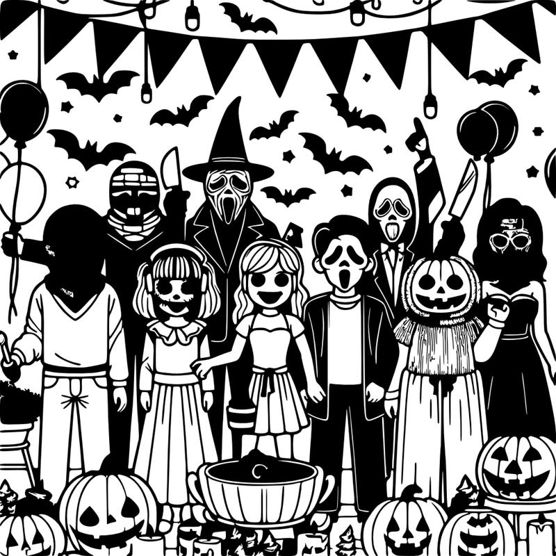 halloween party with horror movie costumes and party decorations and pumpkins