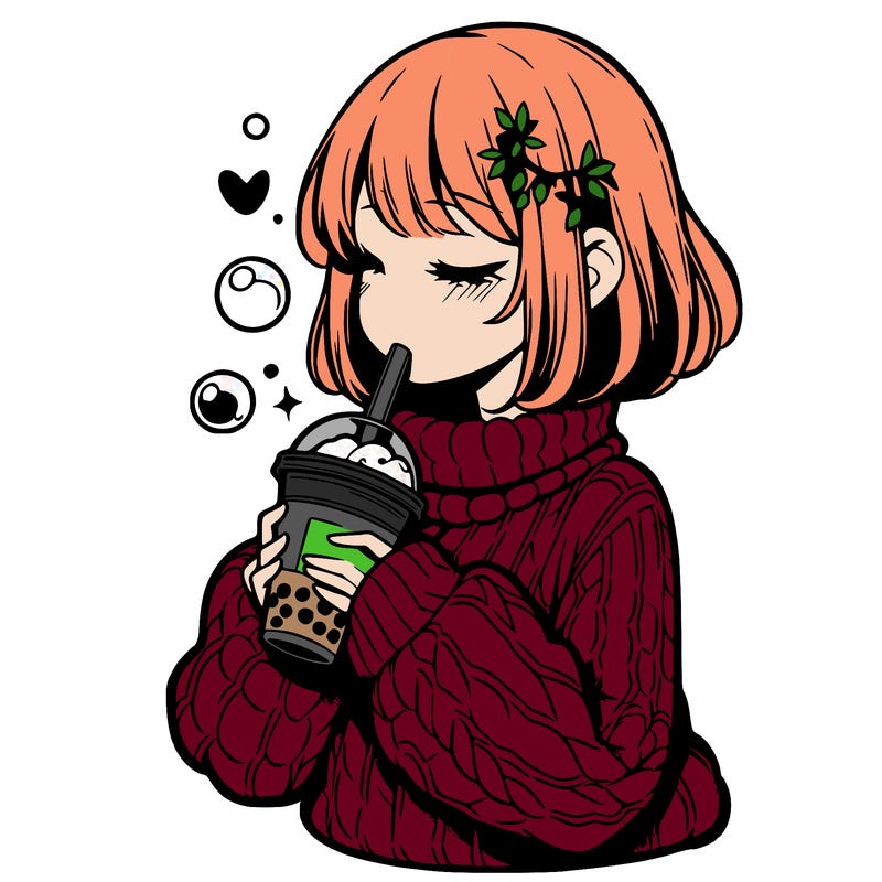 manga girl drinking boba in cozy sweater