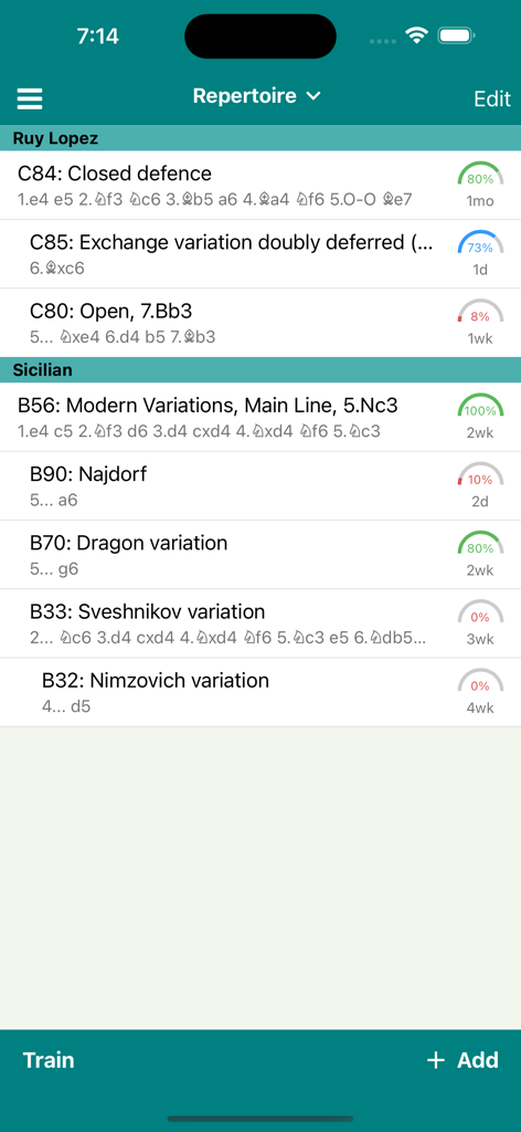 Chess Opener Lite - A list of saved chess opening variations with training progress percentages in the Chess Opener Lite app