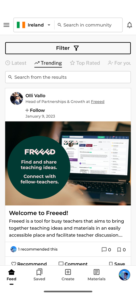 Interface of the Freeed for Teachers app showing a feed with teaching ideas and professional networking features