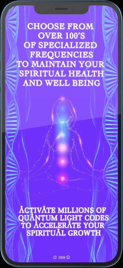 Quantum Frequency Technologies - Glowing meditation silhouette with highlighted chakras and DNA strands on a purple background