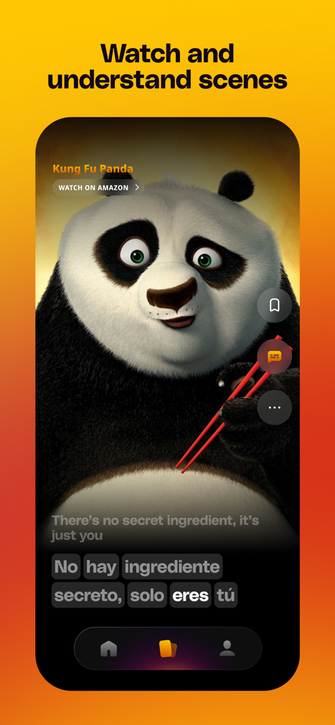 Nonsense: Language Learning - Nonsense app interface featuring a Kung Fu Panda scene with bilingual subtitles for language learning