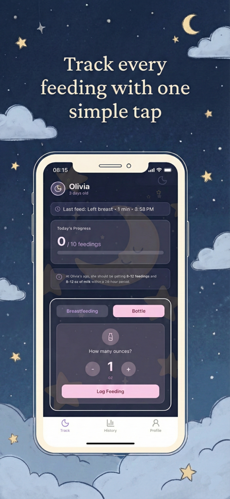 MoonMilk - Newborn Baby Log - Smartphone mostrando la interfaz de la aplicación de registro de alimentación para bebés MoonMilk con una opción de registro de biberón y perspectivas basadas en la edad.