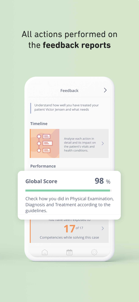 Body Interact - Feedback report interface in the Body Interact app displaying a high global score and detailed clinical performance timeline