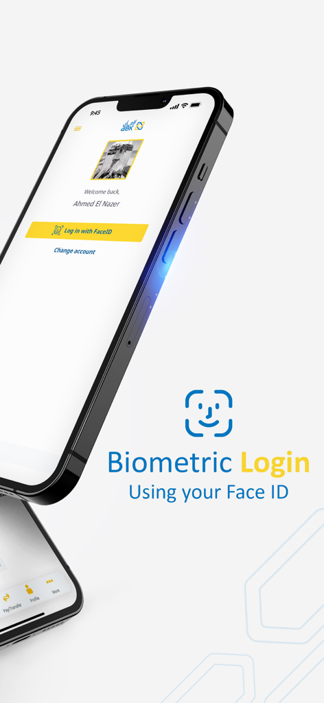 ABK-Egypt - ABK-Egypt mobile app login screen featuring biometric Face ID authentication