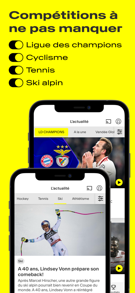RTS Sport: Live et Actualité - Interface of the RTS Sport app on mobile showing sports news and competition categories