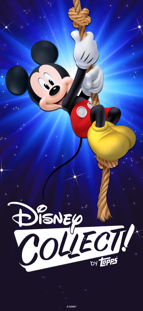 Mickey Mouse swinging on a rope on the Disney Collect by Topps app splash screen