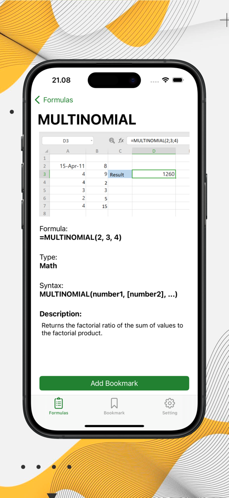 Excel Formulas Complete - Interfaz de la aplicación móvil que muestra los detalles de la fórmula MULTINOMIAL, incluida la sintaxis y la descripción.