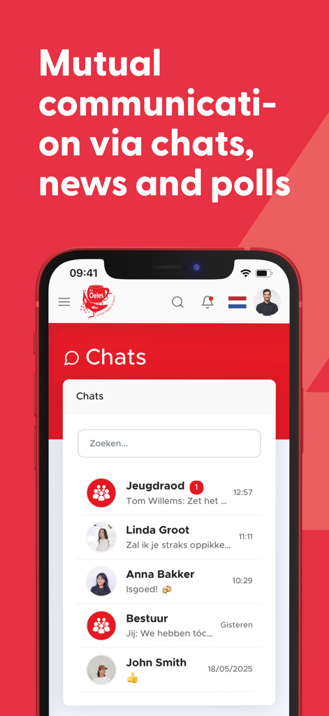 4planning mobile app interface showing a list of community group chats and individual messages