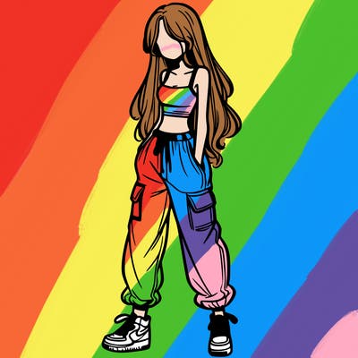 girl in baggy pants crop top and long hair