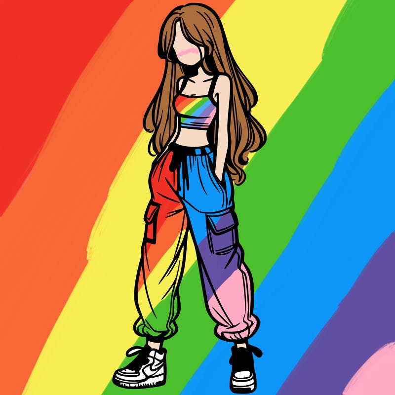 girl in baggy pants crop top and long hair