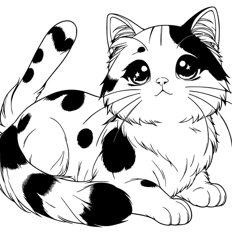realistic white anime cat with orange and black spots with cute eyes