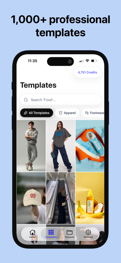 Lorean: AI Product Studio - Lorean AI Product Studio interface showing a wide selection of professional e-commerce templates for apparel and accessories.