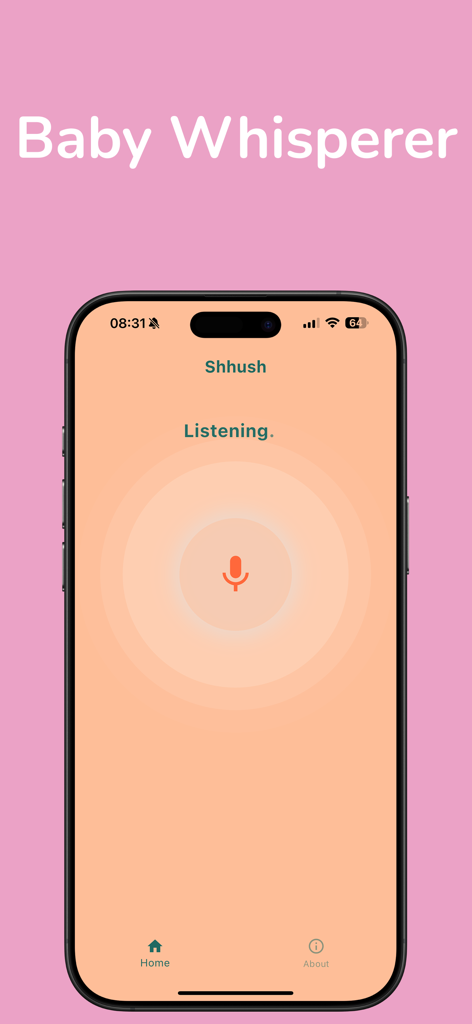 Shhush: AI Baby Cry Analyzer - Shhush app interface showing the AI baby cry analyzer in listening mode with a microphone icon
