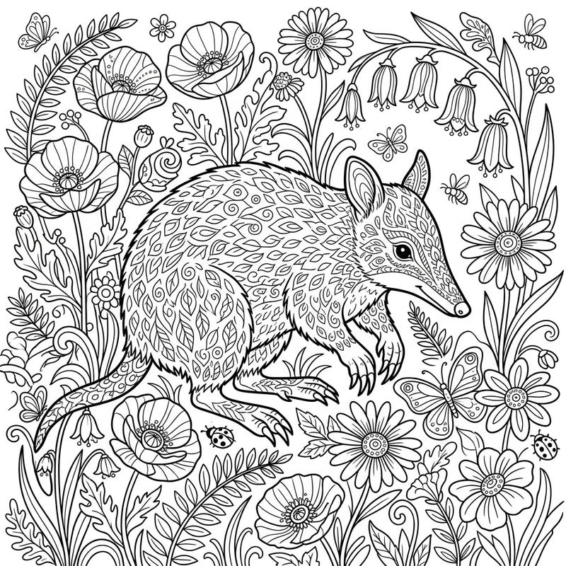 Discover tranquility with this stunning adult coloring page featuring a beautifully patterned bandicoot nestled among a lush array of spring blossoms. This intricate design offers a perfect escape for mindful coloring and creative relaxation.