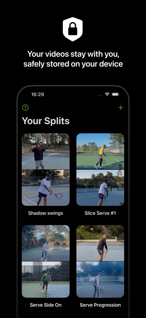 SplitFrame: Perfect Your Game - Interface of SplitFrame showing a library of tennis serve video comparisons with a focus on private on-device storage