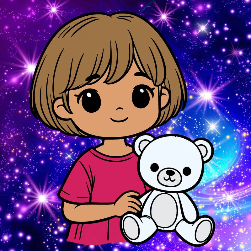 a little girl with short hair and a old stuff bear