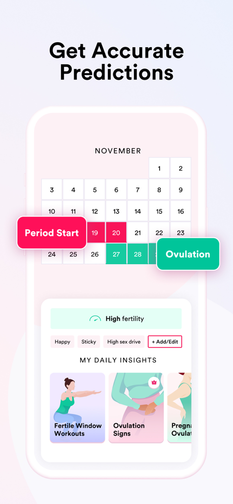IVY Period & Pregnancy Tracker - IVY app interface displaying a cycle calendar with period and ovulation predictions