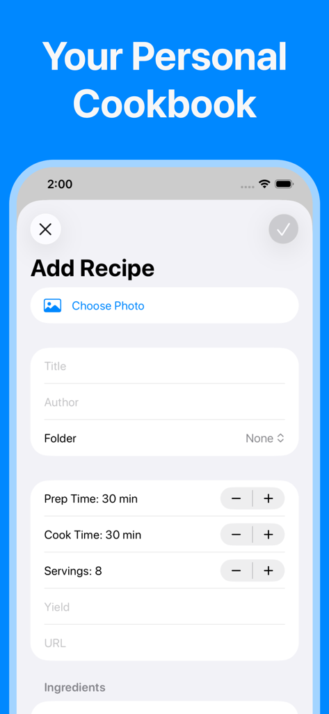 Recipes: Recipe Keeper - A mobile interface for adding a new recipe with fields for prep time cook time servings and ingredients