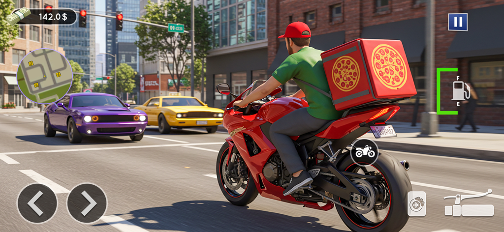 A food delivery rider on a red motorcycle with a pizza box navigating through city traffic in a 3D simulation game.