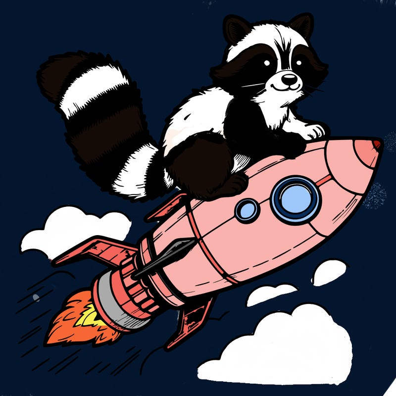 realistic raccoon flying on top rocket ship