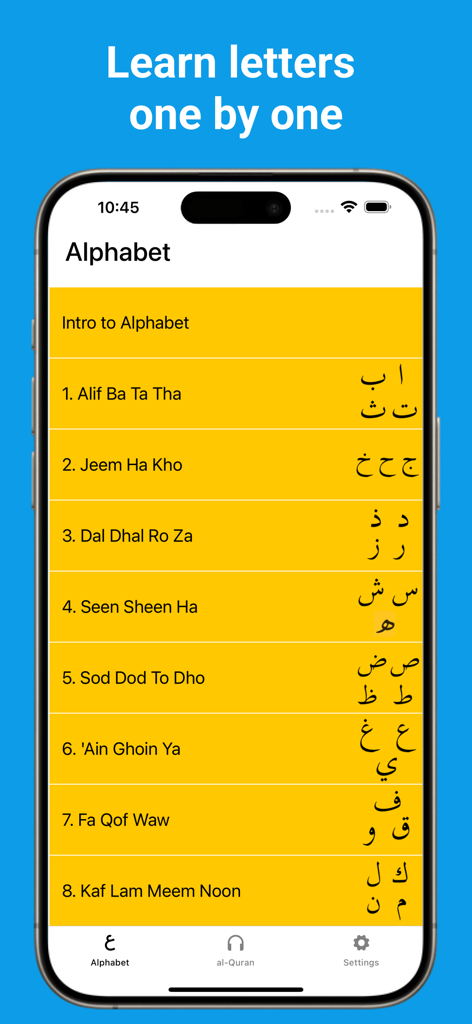 Joode: learn Arabic Alphabet - A mobile screen from the Joode app displaying a list of Arabic alphabet lessons organized into small groups of letters.