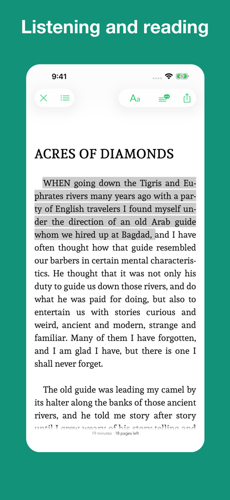 Christian Classics Books - Oberfläche der App Christliche Klassiker Bücher, die synchronisierte Text-Hervorhebung für das Buch Acres of Diamonds zeigt