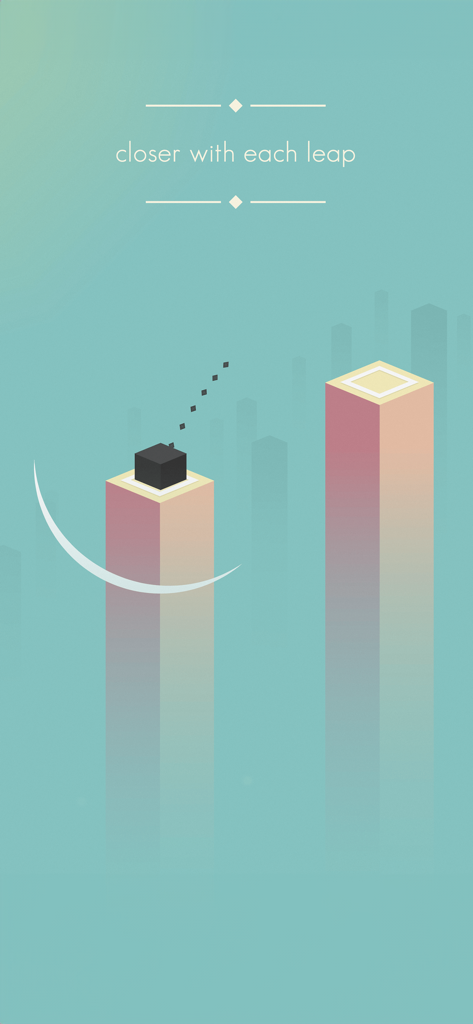 Ein minimalistisches, physikbasiertes Spiel, das einen schwarzen Würfel zeigt, der vor einem türkisfarbenen Hintergrund zwischen Säulen springt