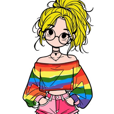 girl with a messy ponytail glasses a baggy crop top and jean shorts