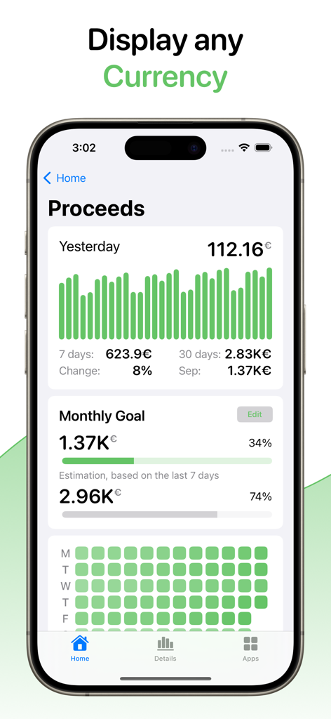 Trendly: App Sales - iPhone-Screenshot der Trendly-App, der Verkaufserträge mit grünen Balkendiagrammen und monatlichen Umsatzziele in Euro anzeigt.