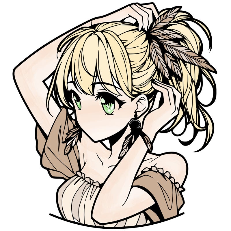 anime girl tucking her hair behind her ear with feathered earrings