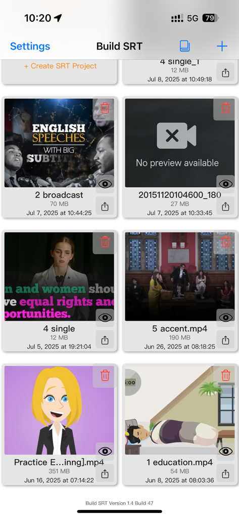 Build SRT - Interfaz móvil de la aplicación Build SRT que muestra una colección de proyectos de vídeo para la extracción de subtítulos